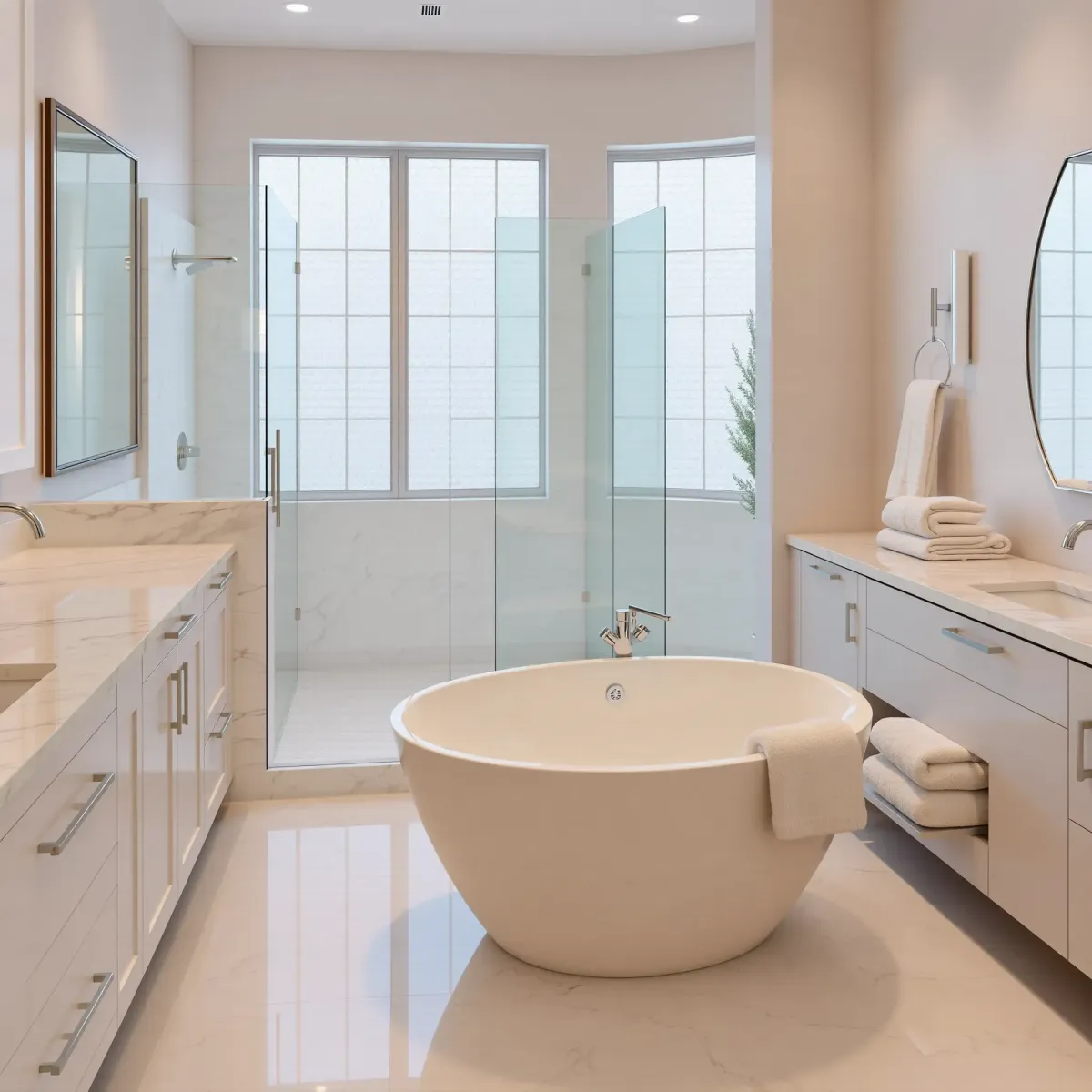 Remodeled Jefferson Park bathroom featuring sleek fixtures, a glass shower, freestanding tub, marble counters, and ambient lighting.