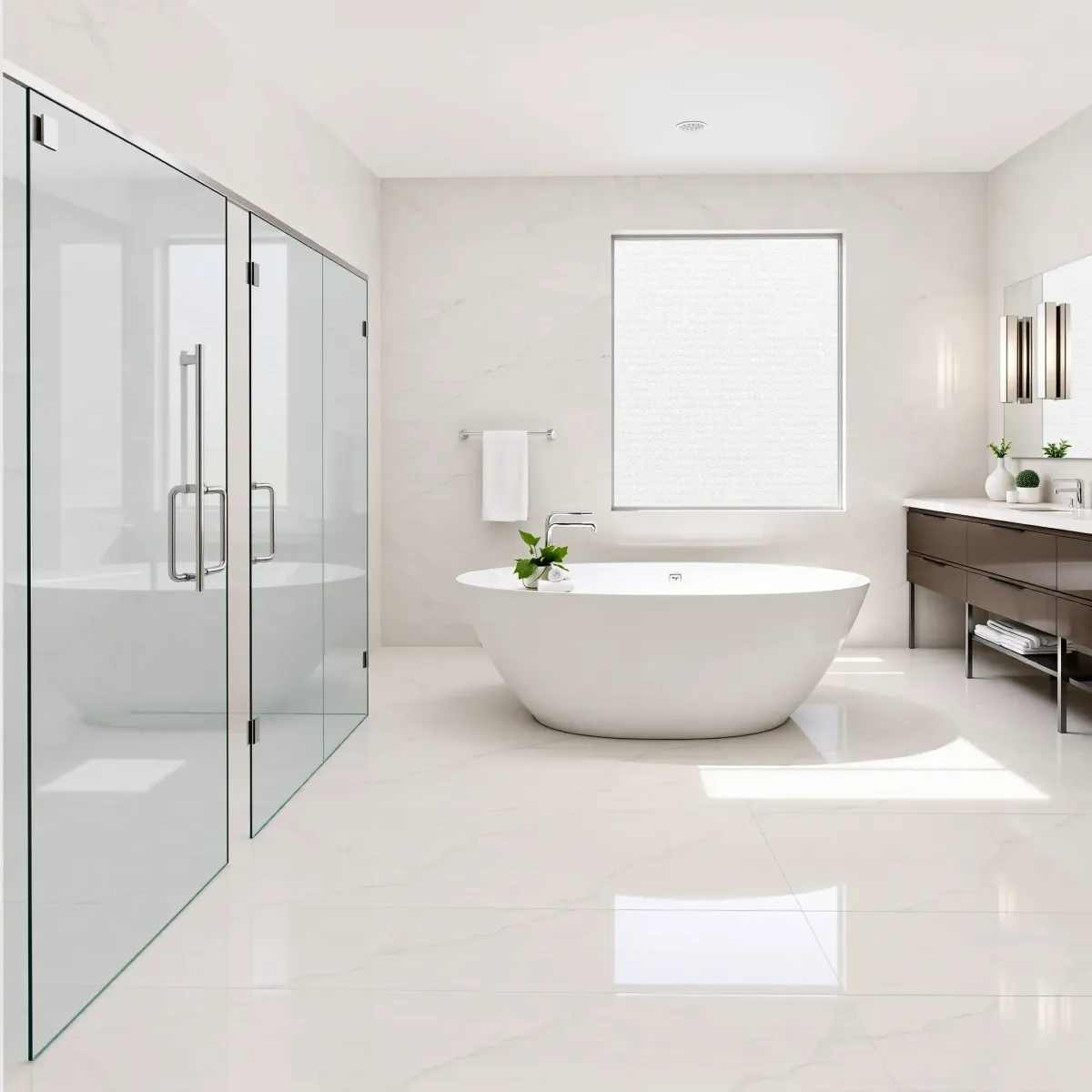 Renovated Inglewood bathroom with modern fixtures, glass shower, marble counters, sleek cabinetry, and natural daylight.