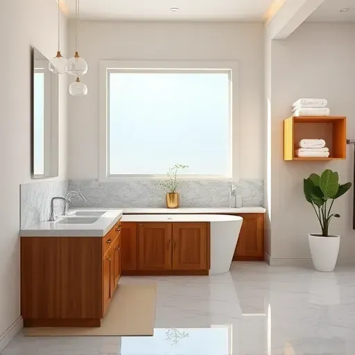 Completed bathroom remodel in View Park CA featuring freestanding tub, marble countertops, and modern fixtures.