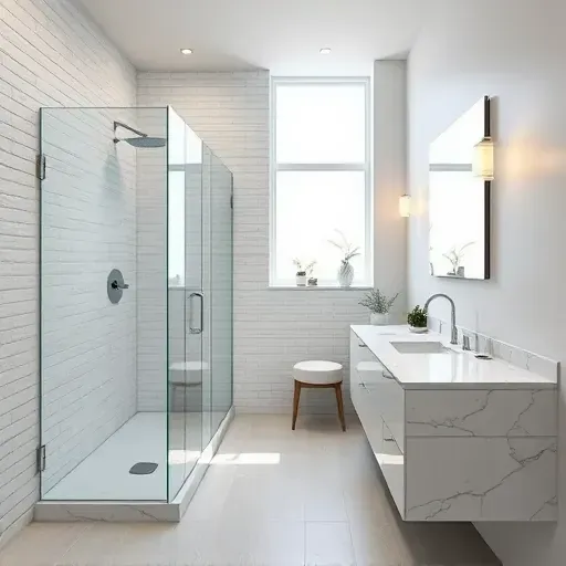 Renovated Culver City small bathroom with modern design, walk-in glass shower, floating vanity, marble countertops, and natural lighting