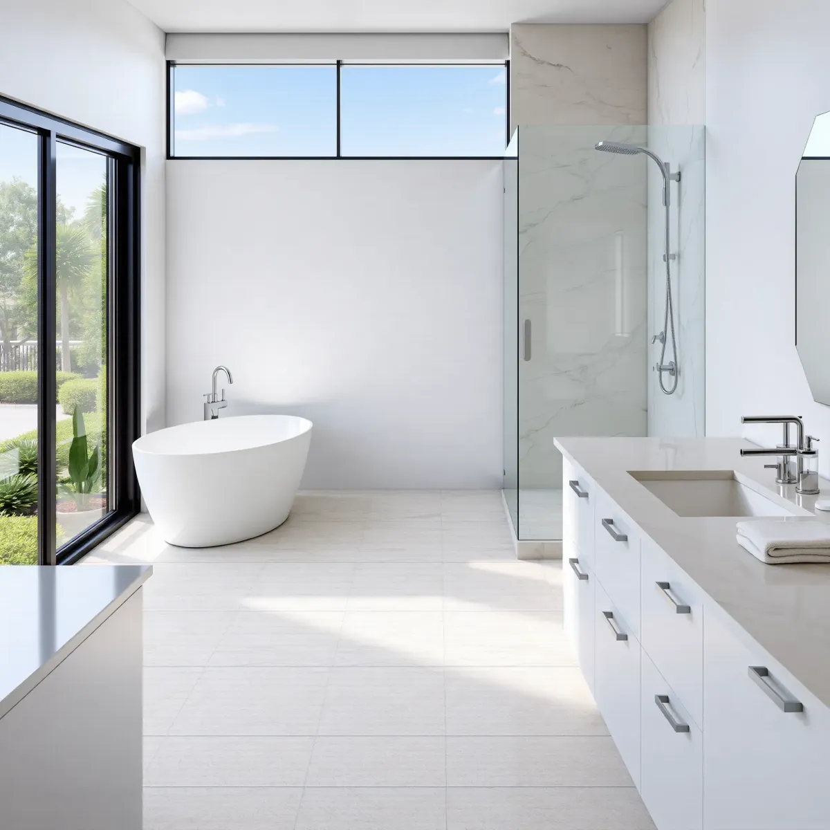 Modern Baldwin Hills bathroom remodel with glass shower, marble vanity, sleek fixtures, and elegant neutral-toned tiles.