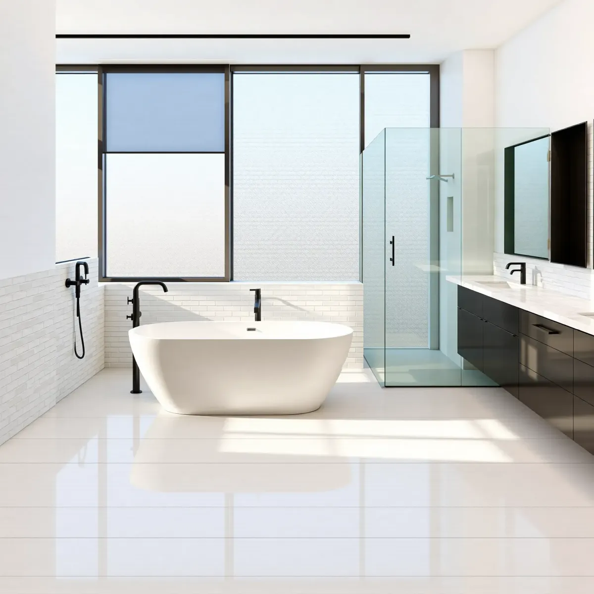 Modern upscale bathroom in Lawndale, CA with walk-in shower, floating vanity, soaking tub, and sleek design details.