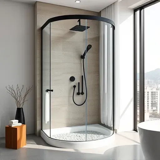 Luxurious custom Los Angeles shower with glass doors matte black fixtures elegant tiles pebble flooring and cityscape view