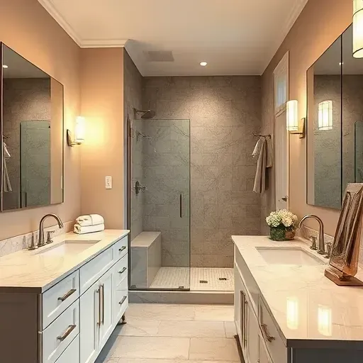 Completed bathroom remodel in Fairfax District CA featuring modern vanity, walk-in shower, marble countertops, and elegant decor.