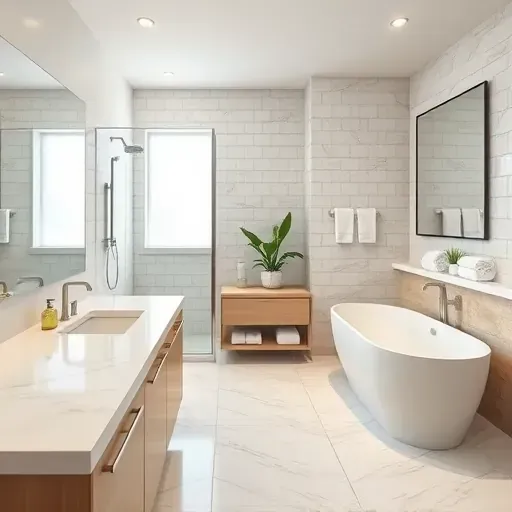 Modern Los Angeles guest bathroom with marble countertops, glass shower, freestanding tub, neutral colors, and elegant fixtures
