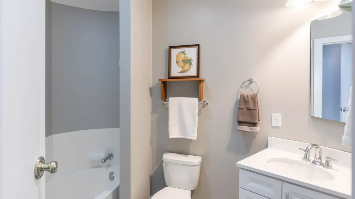 Recently remodeled Westchester, CA bathroom with white subway tiles, a floating marble vanity, glass shower, and modern fixtures.