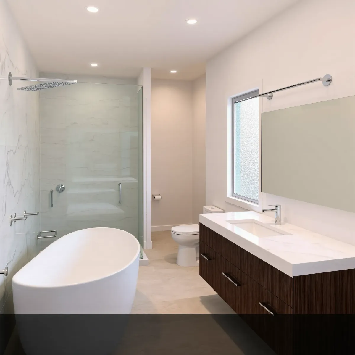 Renovated bathroom in El Segundo, CA with marble countertops, glass shower, soaking tub, and coastal-inspired decor.