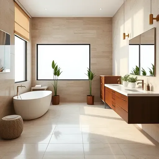 Modern El Segundo bathroom remodel featuring a freestanding tub, double vanity, textured tiles, and natural light.