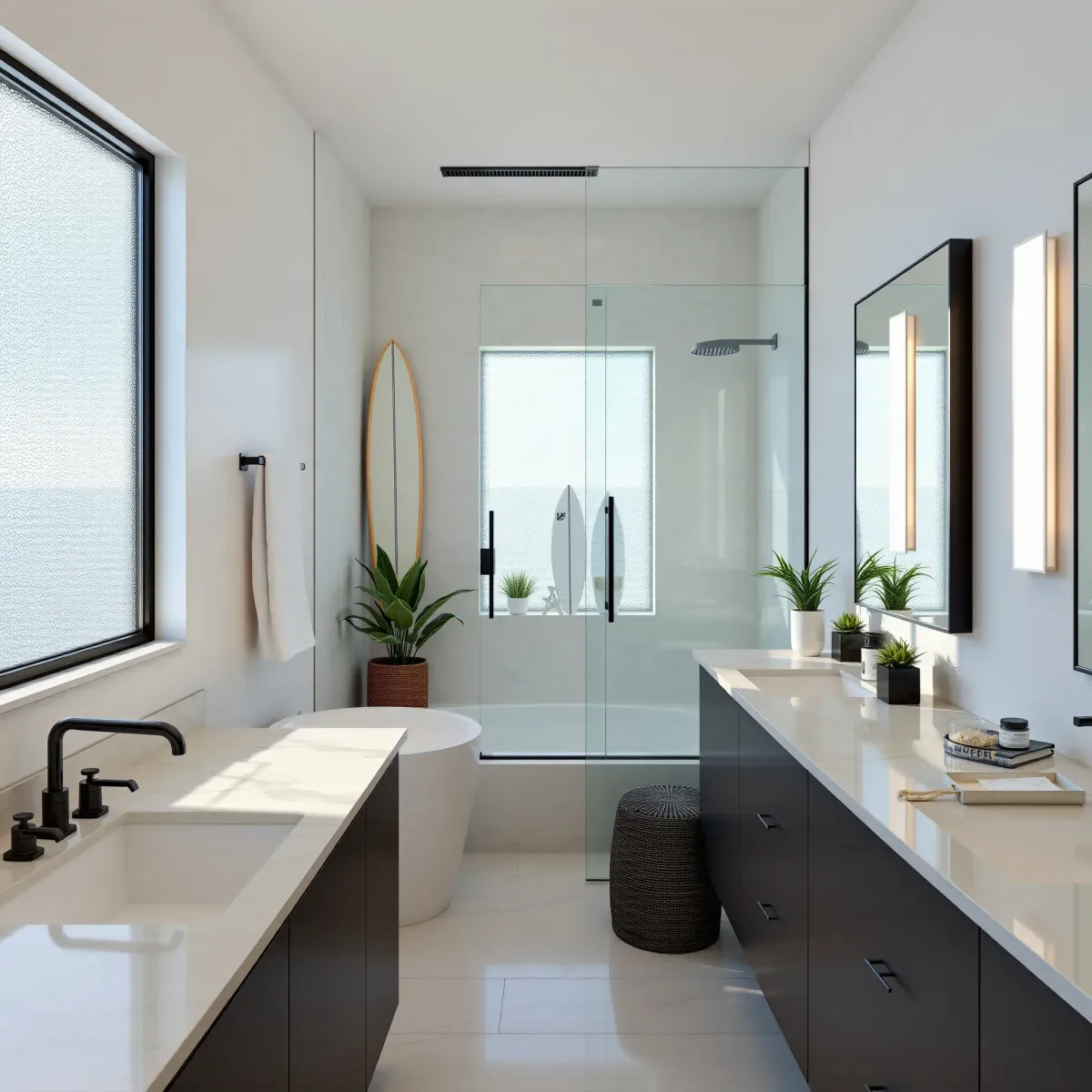 Remodeled Playa del Rey bathroom with walk-in shower, freestanding tub, marble double vanity, and modern design.