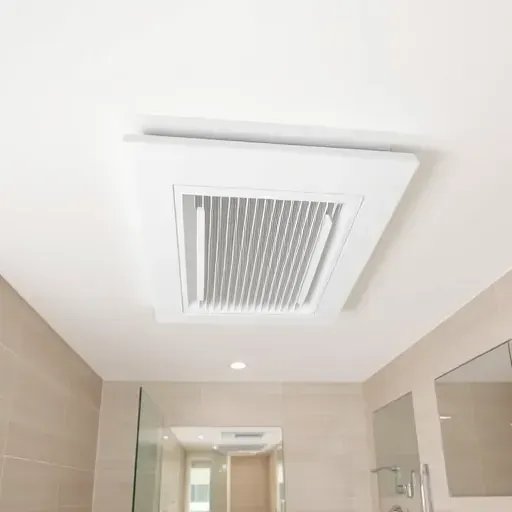 Seamless bathroom exhaust fan mounted on a clean, modern ceiling with tiled walls and polished fixtures beneath soft lighting
