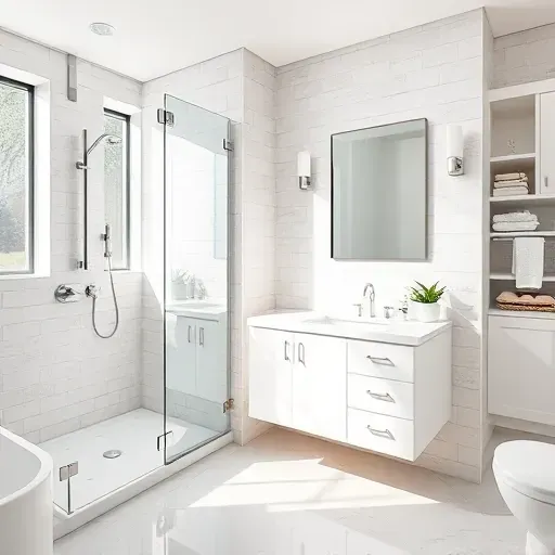 Modern small bathroom in Mar Vista with glass shower, sleek vanity, subway tiles, natural light, and stylish accessories