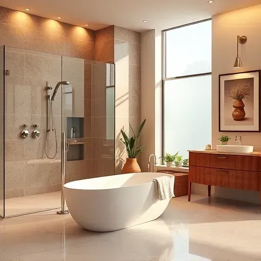 Luxurious bathroom remodel in Compton CA features a freestanding tub, polished wood vanity, and warm lighting.