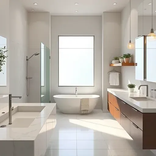 Sleek Santa Monica bathroom remodel with freestanding tub, walk-in shower, marble countertops, and modern decor.