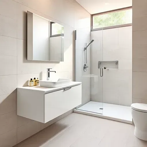 Renovated small bathroom in Compton CA featuring a floating vanity, large tiled walls, frameless shower, and natural light