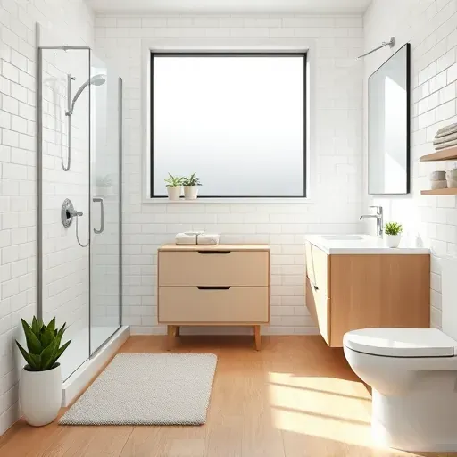 Remodeled small Fairfax District bathroom with modern fixtures, glass shower, vanity, subway tiles, wood floor, natural light