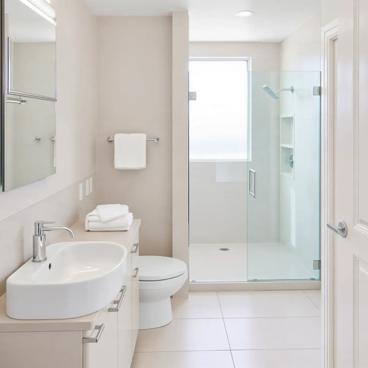 Modern small bathroom in Jefferson Park, CA with sleek fixtures, marble countertop, tiled shower, and stylish lighting.