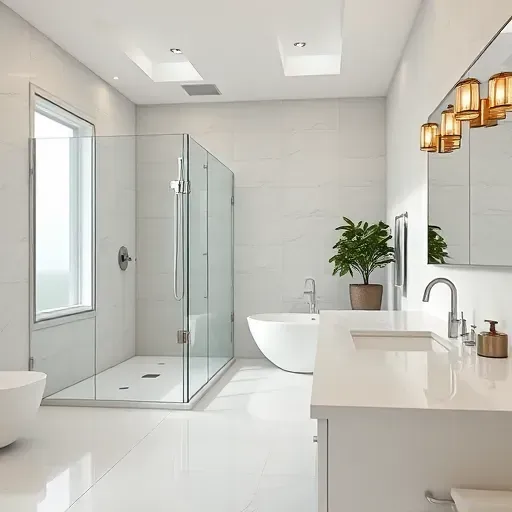 Luxurious bathroom remodel in Lennox CA features a walk-in shower, freestanding tub, and polished quartz finishes.