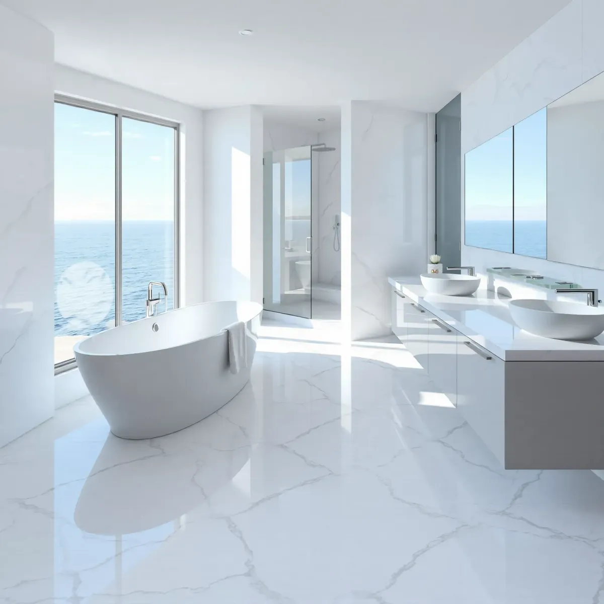 Elegant remodeled Manhattan Beach bathroom with floating vanities, black hardware, ocean-inspired décor, and natural light.