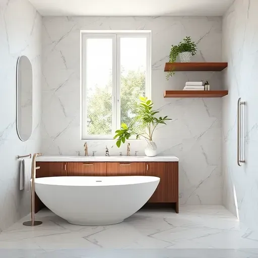 Luxurious Baldwin Hills bathroom remodel featuring a freestanding tub, marble tiles, wooden cabinetry, and lush plants.