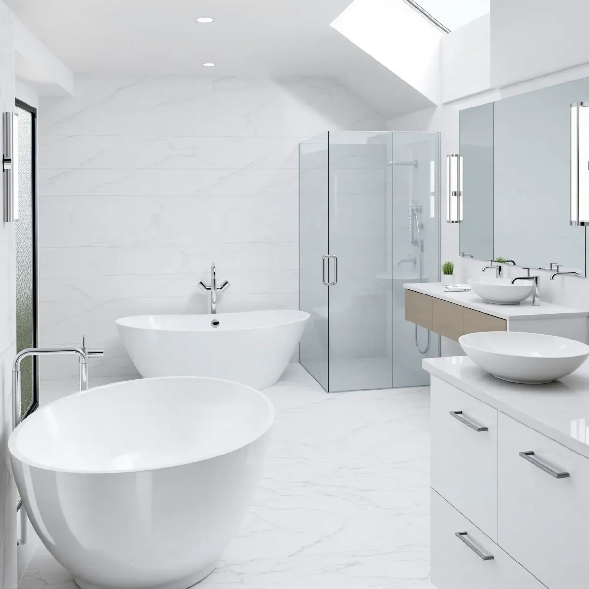 Beautiful Carson bathroom remodel with walk-in shower, marble tiles, wooden vanity, and modern fixtures.