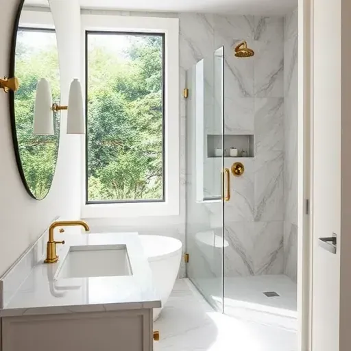 Finished small bathroom in Westchester CA with marble countertops glass shower brass fixtures and greenery view