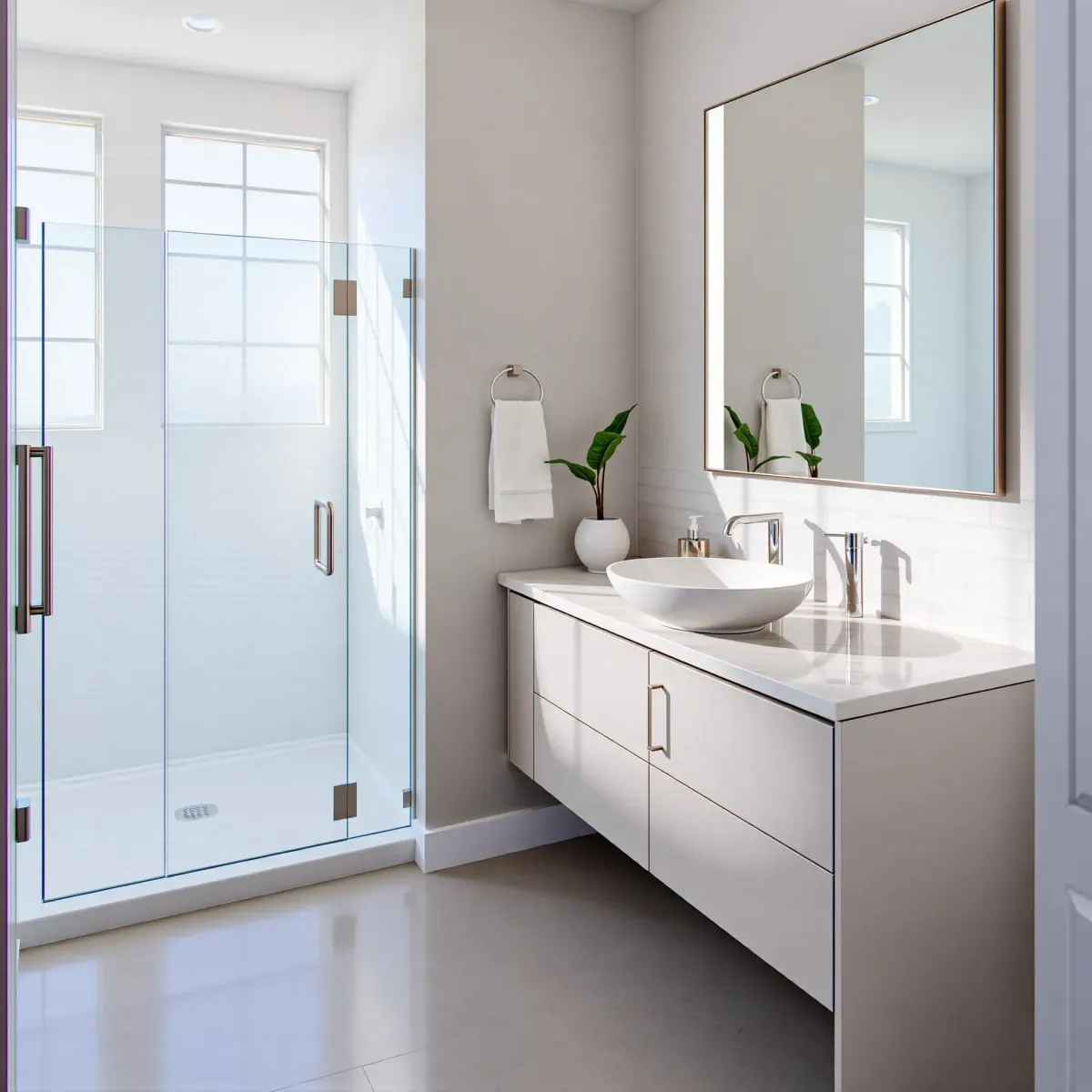 Modern small bathroom in Playa del Rey with a glass shower, floating vanity, marble countertop, and warm neutral tones.