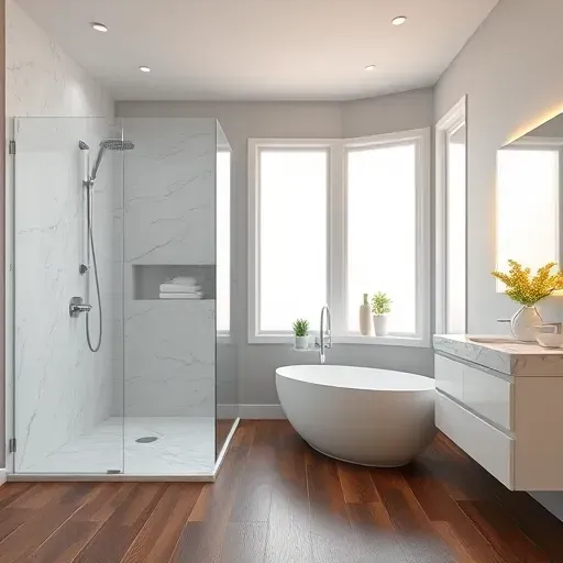 Modern bathroom remodel in Venice CA with walk-in shower, freestanding tub, and elegant marble finishes.