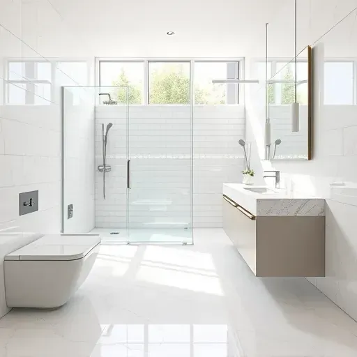 Freshly renovated small bathroom in Mid Wilshire, CA with modern fixtures, light tile, granite vanity, and natural light.