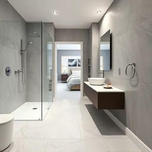 Small modern bathroom remodel in Los Angeles featuring sleek fixtures, glass shower, and elegant marble tile.
