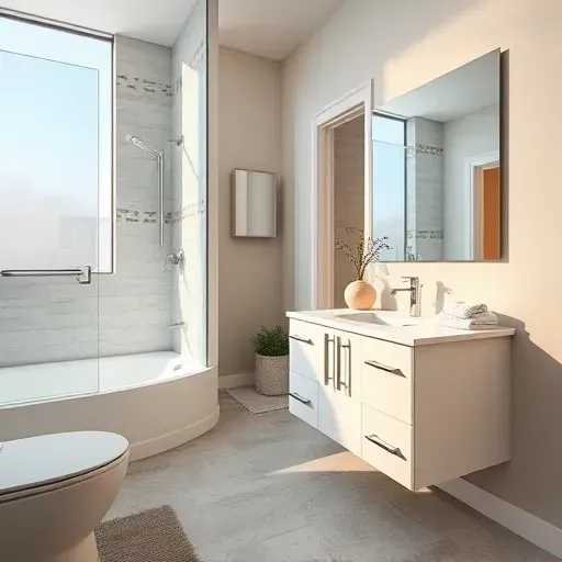 Remodeled small Crenshaw bathroom with modern fixtures, glass shower, white vanity, decorative tiles, plush towels, and natural light