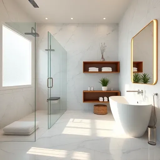 Modern Hermosa Beach bathroom remodel with marble tiles, glass shower, soaking tub, and stylish lighting details.