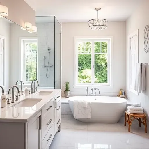 Completed bathroom remodel in Hawthorne CA features elegant fixtures, marble countertops, and a spacious modern design.