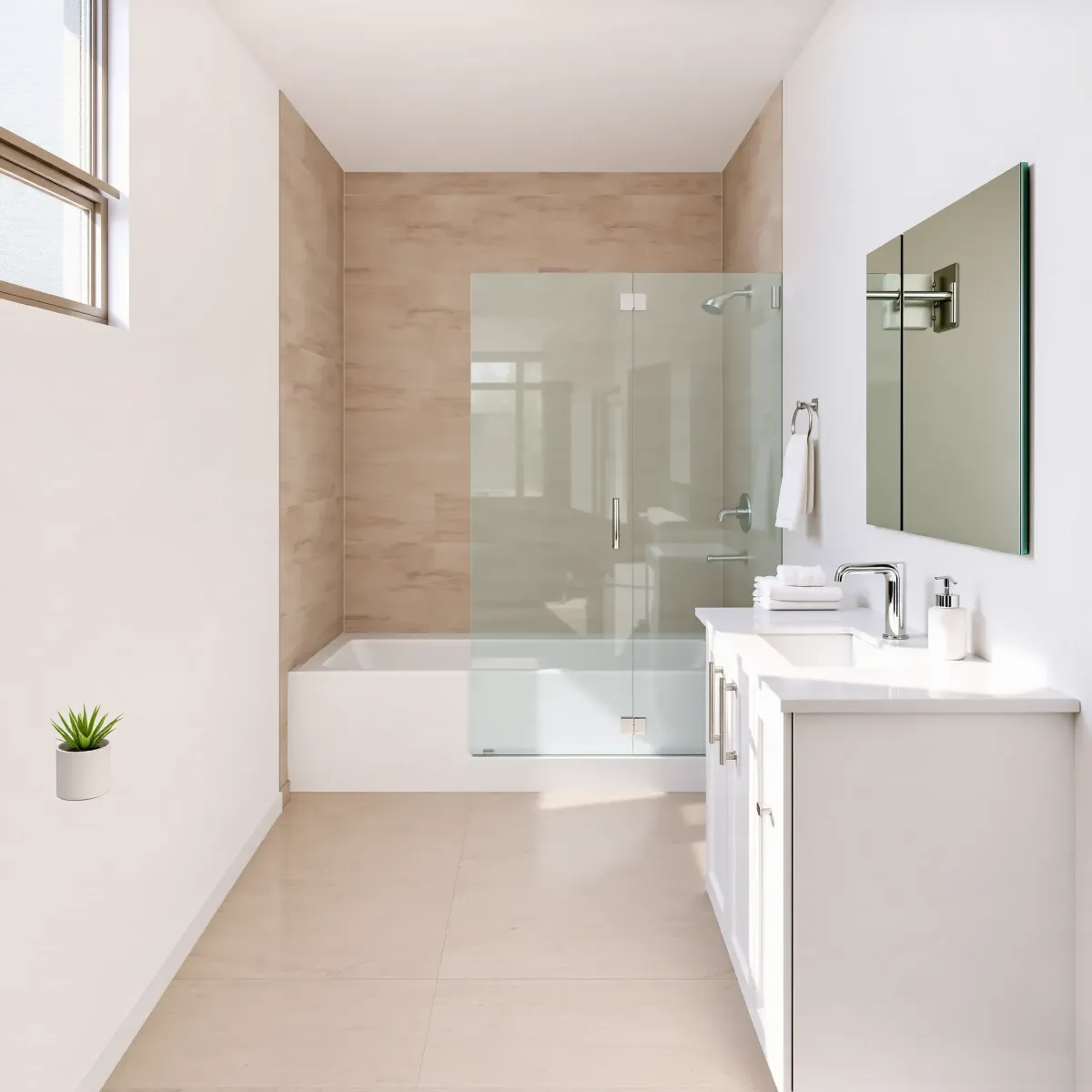 Remodeled small bathroom in Palms, CA, with sleek fixtures, minimalist design, marble counter, tiled shower, and natural light.
