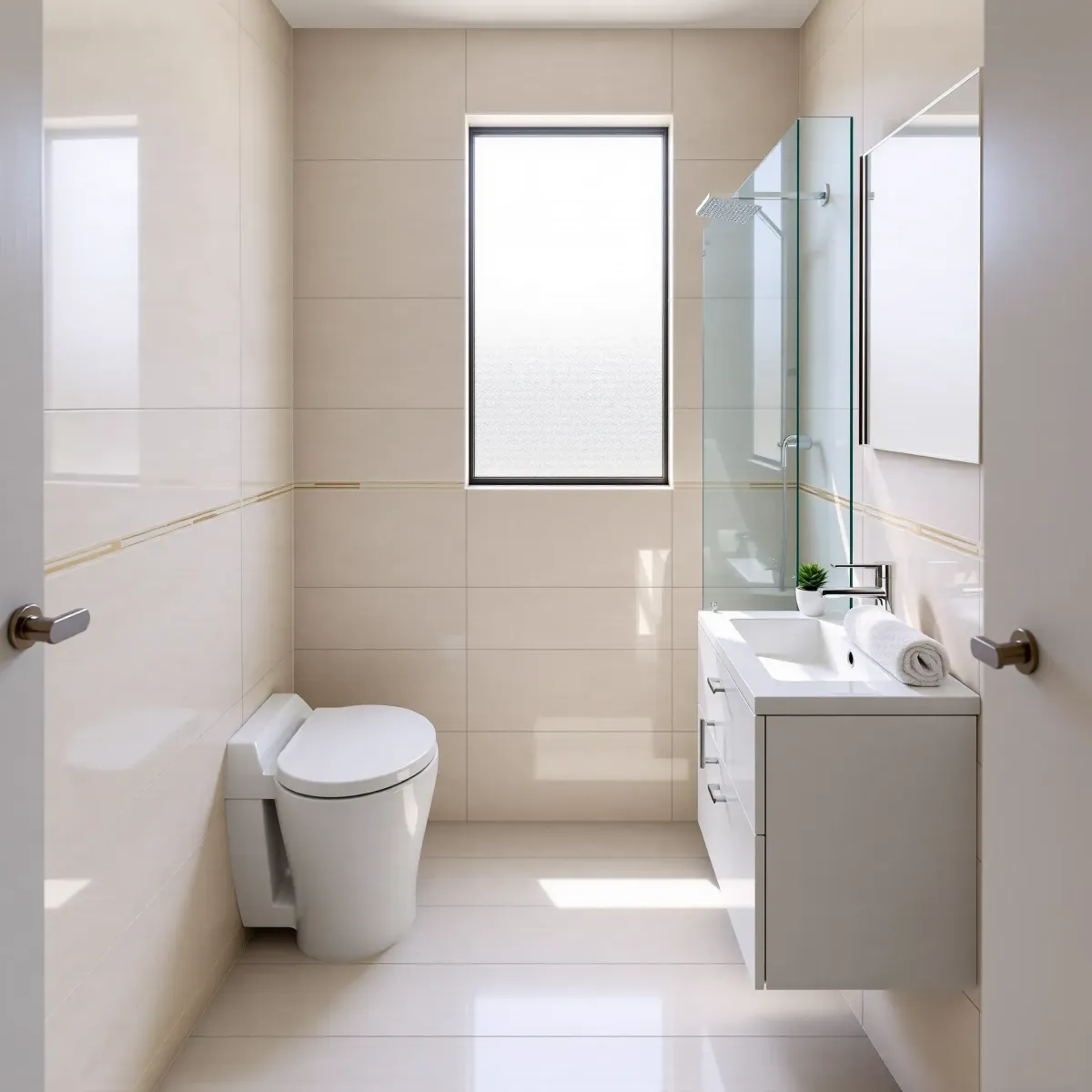 Remodeled small bathroom in Mid Wilshire, CA with sleek fixtures, neutral tiles, frosted window, and modern decor.