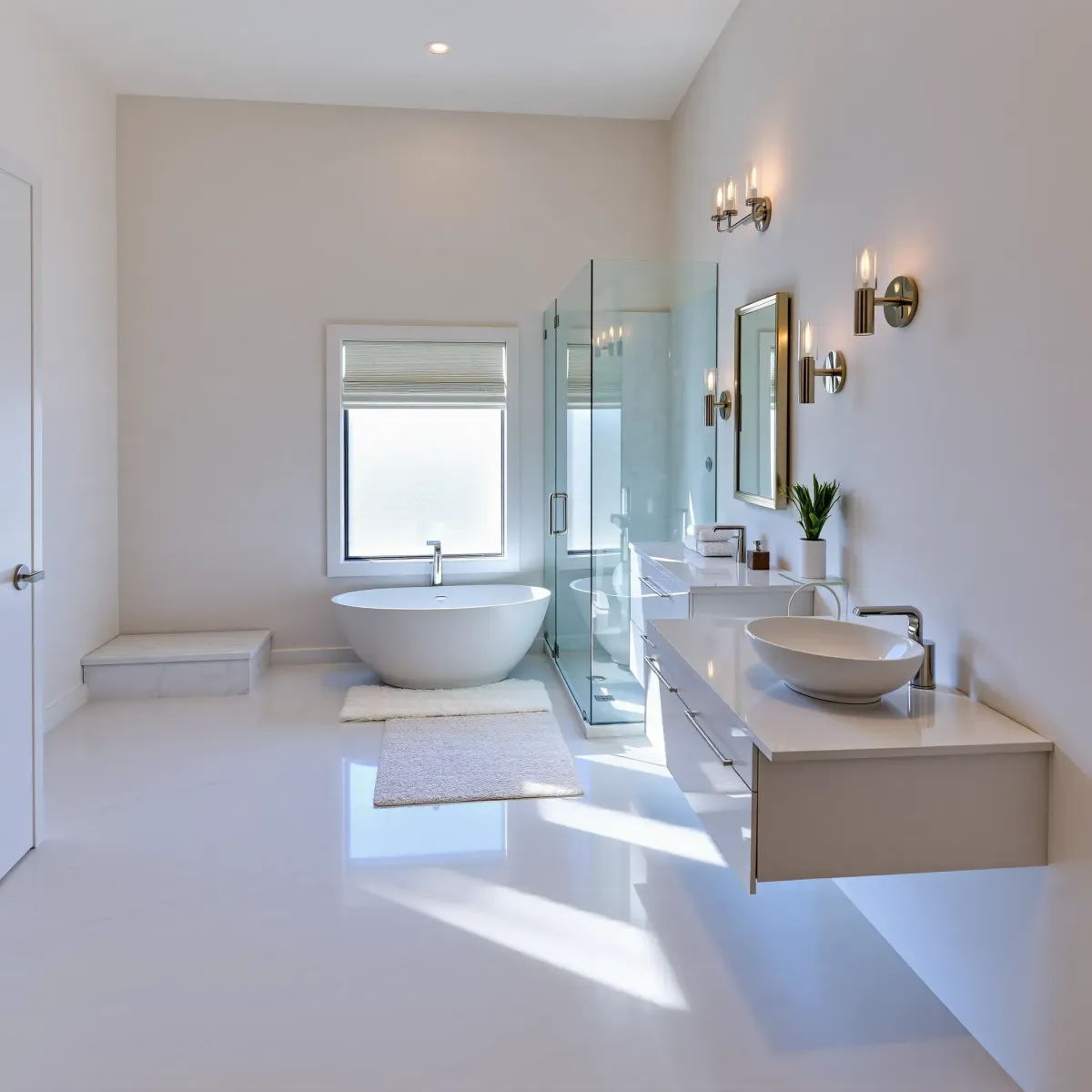 Renovated Fairfax District bathroom with marble tiles, walk-in shower, soaking tub, double vanity, and modern design.