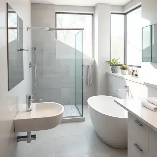 Recently remodeled small bathroom in View Park CA featuring sleek fixtures, matte tiles, natural light, and modern decor