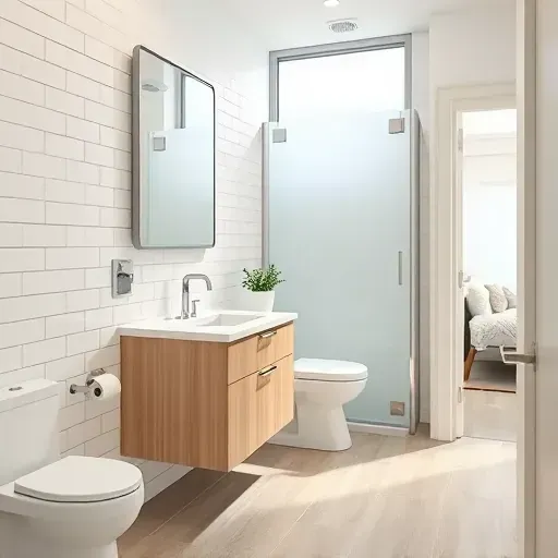 Modern small bathroom in Culver City with white subway tiles, chrome fixtures, wood vanity, quartz countertop, and greenery