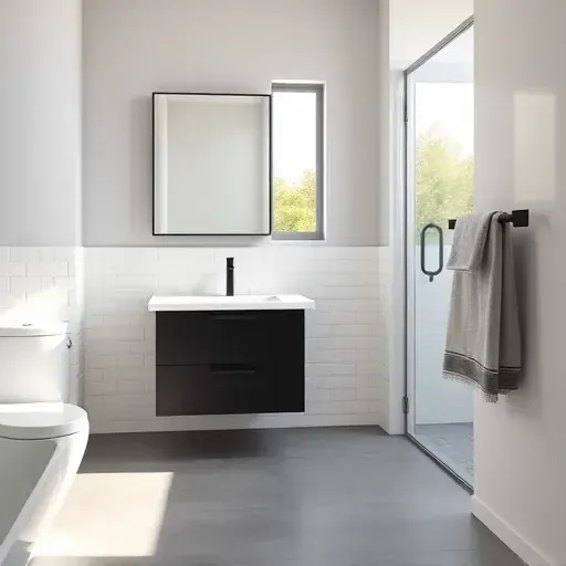 Remodeled small bathroom in Jefferson Park CA with white subway tiles, black fixtures, quartz vanity, natural light, and gray porcelain floors
