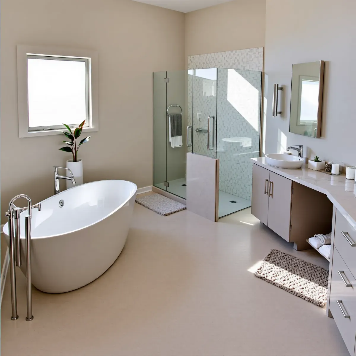Renovated Hyde Park bathroom with marble, freestanding tub, glass shower, dark wood vanity, modern lighting, and natural light.