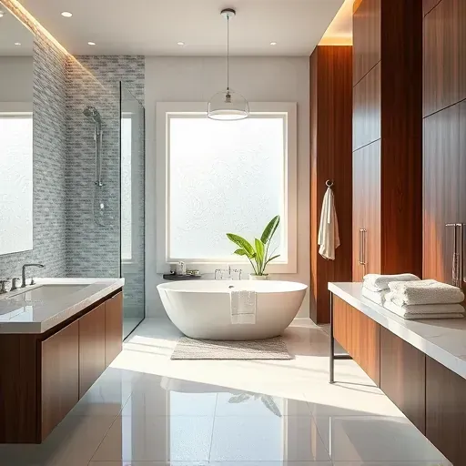 Completed bathroom remodel in Inglewood CA features marble countertops, walnut cabinetry, glass shower, and freestanding tub.