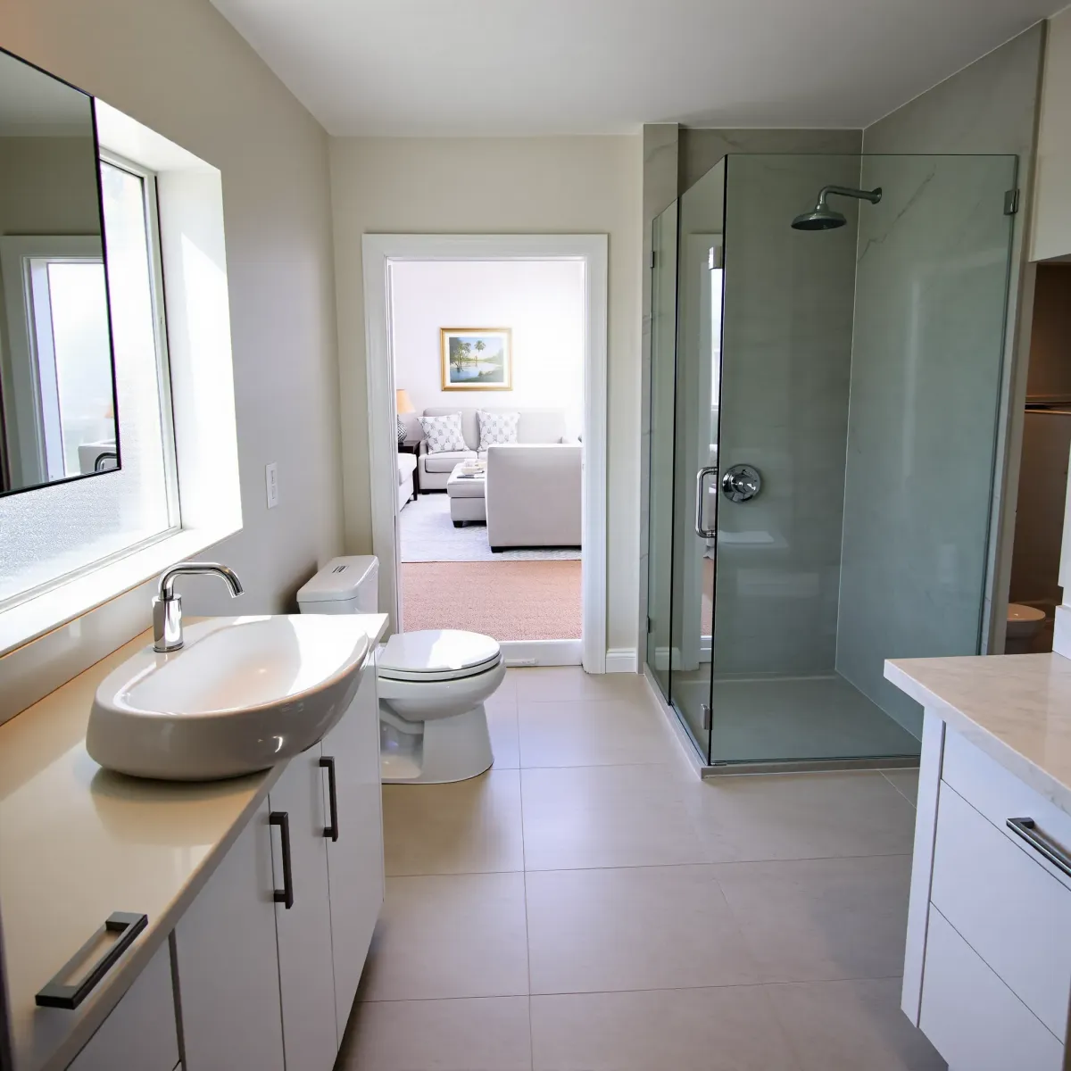 Remodeled Carson, CA bathroom with modern fixtures, sleek tile work, glass shower, matte black vanity, and natural lighting.
