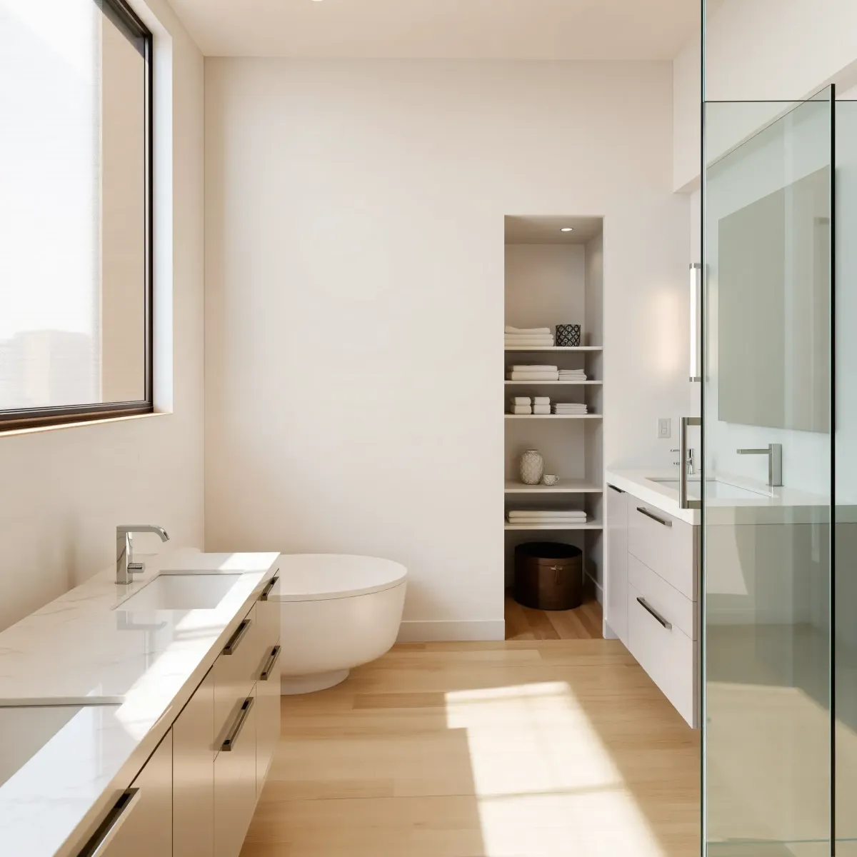 Beautiful remodeled Century City bathroom featuring modern fixtures, marble countertops, walk-in shower, and city views.