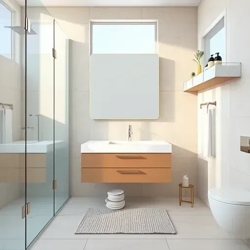 Remodeled small Hermosa Beach bathroom with minimalist modern fixtures, marble vanity, frameless shower, coastal colors and natural light