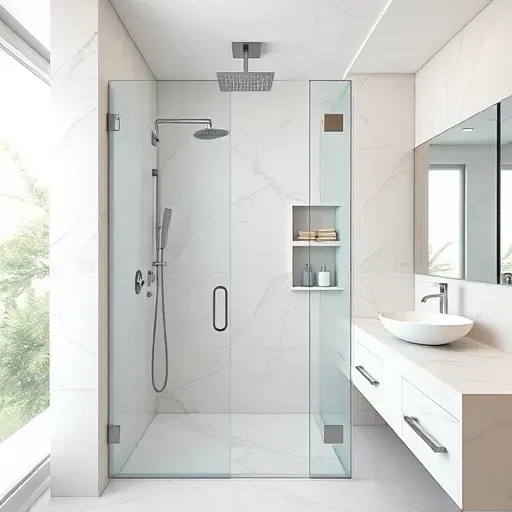 Perfectly finished custom shower with frameless glass doors, rainfall head, marble tiles, and modern fixtures in a sleek Los Angeles bathroom