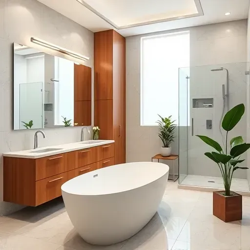 Luxurious Baldwin Hills bathroom remodel with freestanding tub, elegant tiles, double vanity, and natural light.