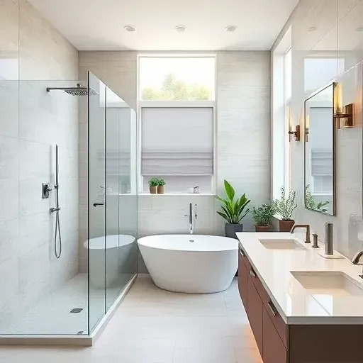 Modern bathroom remodel in Mar Vista, CA with sleek fixtures, walk-in shower, freestanding tub, and quartz countertops.
