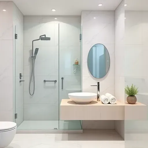 Beautifully remodeled small bathroom in Lennox CA with marble tiles, floating vanity, rainfall shower, and ocean-inspired decor