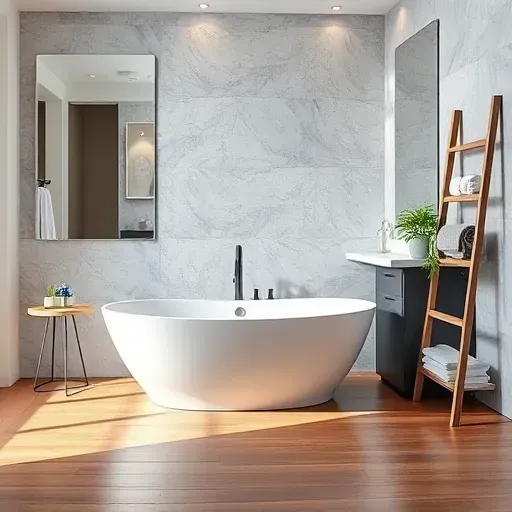 Luxurious remodeled bathroom in Lomita CA features a freestanding tub, marble countertop, and soothing color palette.