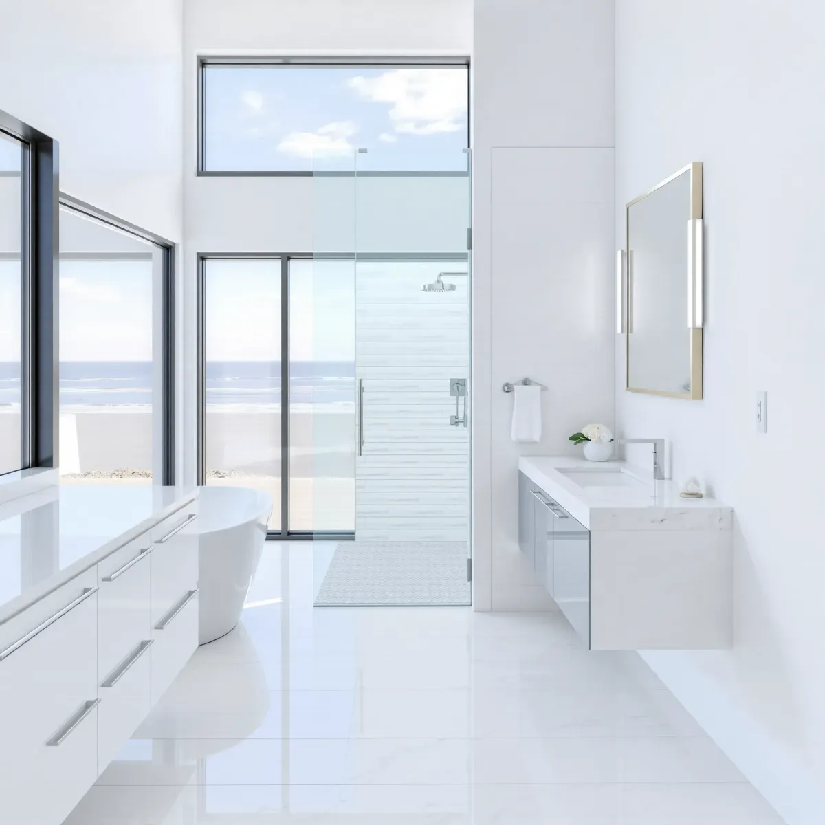 Modern bathroom in Redondo Beach with marble floors, floating vanity, glass shower, coastal accents, and natural light.