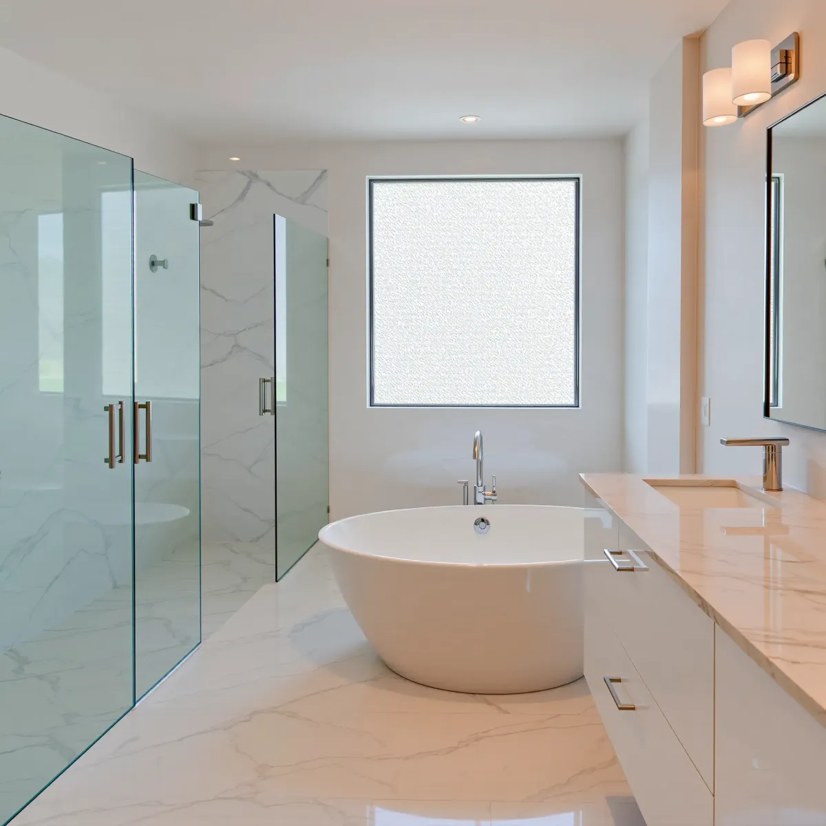 Modern bathroom in Century City with floor-to-ceiling windows, marble tiles, floating vanity, walk-in shower, and city skyline view.